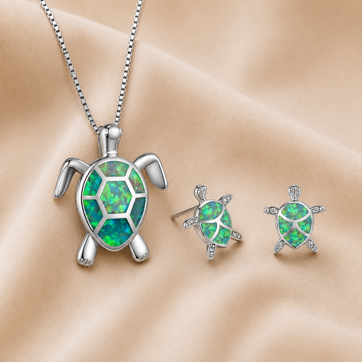 Collana e Orecchini Tartaruga Marina in Opale e Argento